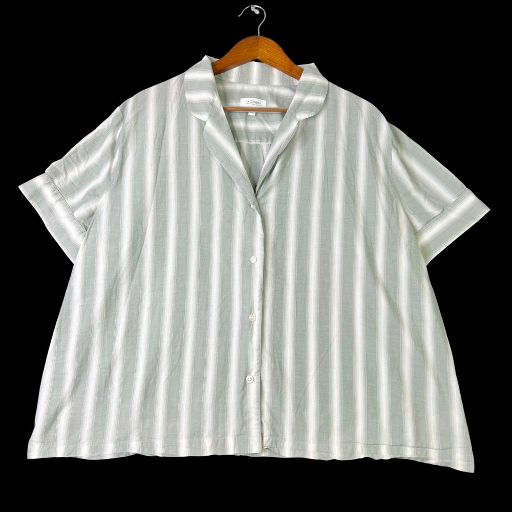 Haven Well Within Organic Cotton Mens XXL Sage Green Striped Short Sleeve Shirt